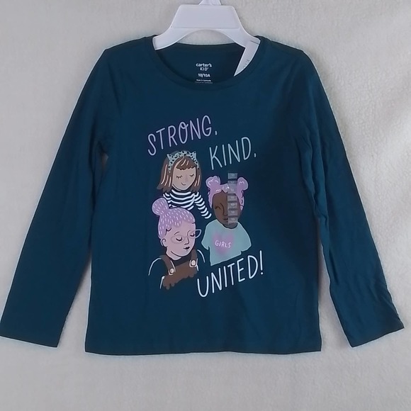 Carter's Kid Long Sleeve Cotton T-Shirt Girl's Size 10 Teal w/ Diversity Theme - Picture 1 of 11